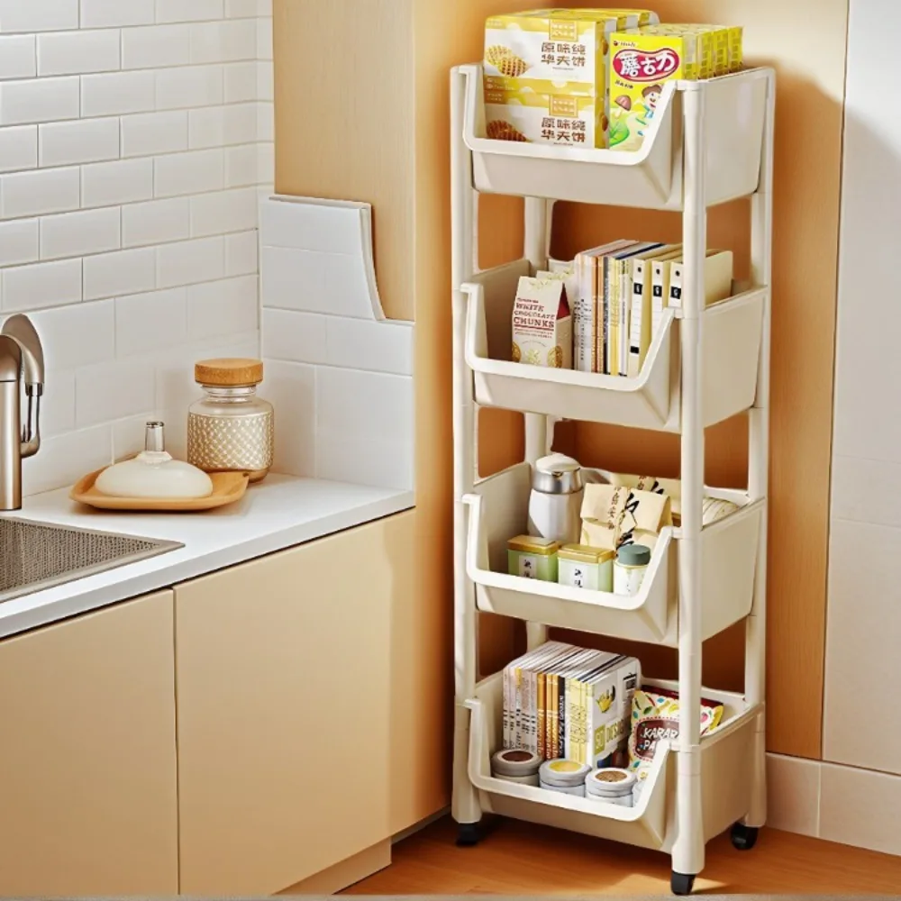 Mehrschichtiger Snackwagen, Wohnzimmer mit Rollen, mobiles Bücherregal, schmaler Schlitzschrank, Kunststoffwagen, Aufbewahrung, Badezimmer, weißes Regal