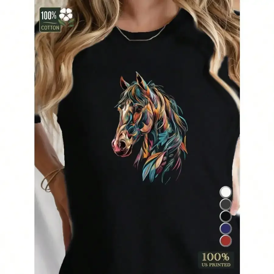 

Women's Soft T-shirt with Vibrant Abstract Horse Print - Short Sleeved, Round Neck, Comfortable and Casual Fit