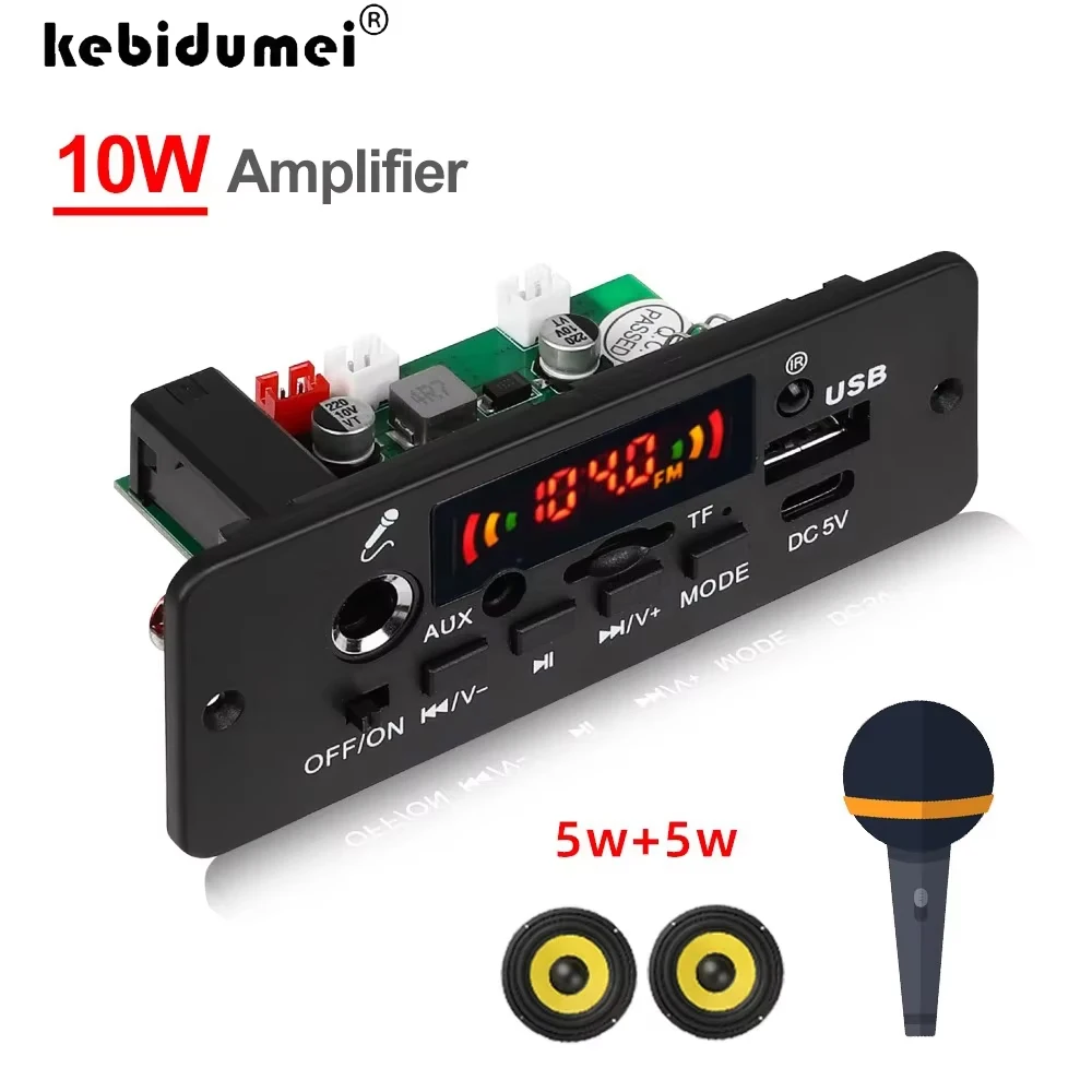 KEBIDUMEI - Amplificador de Audio para Coche, Bluetooth, Estéreo, 5 V, 10 W, Reproductor MP3, Decodificador, Módulo de Radio FM Inalámbrico, TF, USB, Llamadas con Manos Libres