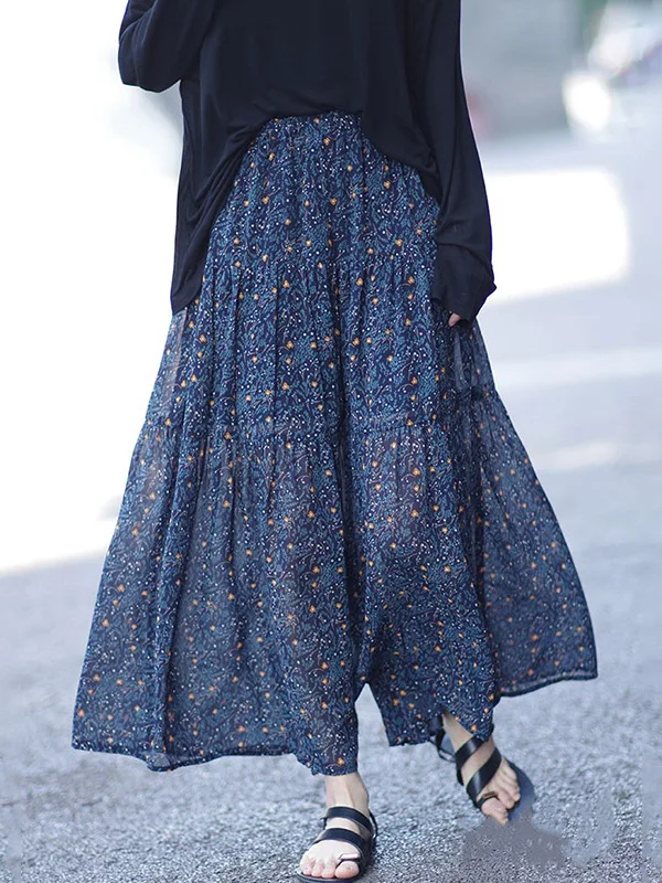 Floral Print A-Line Midi Skirt Slimming Long Over-Knee Artistic Personality Women's Fashion Commute Vintage Style Casual Loos...