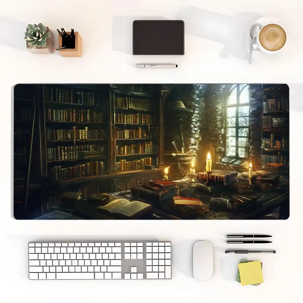 Anime Playmat Cozy Candle Light Library Bookshelf Vintage Study Mousepad Large Size For Office Desktop Mat