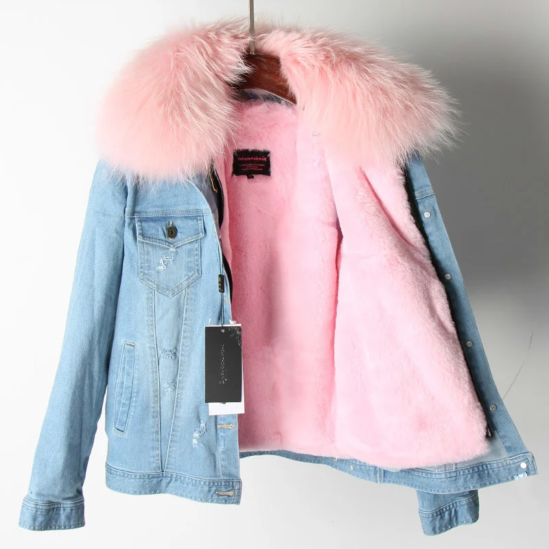 

Jacket New Denim Women Fur Real Raccoon Fur Collar Environmentally friendly liner For Winter Coat female parkas jeans Coats