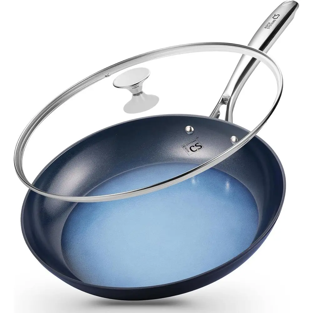 

14 Inch Large Nonstick Skillet with Ceramic Interior, Oven Safe & Induction Compatible, Blue
