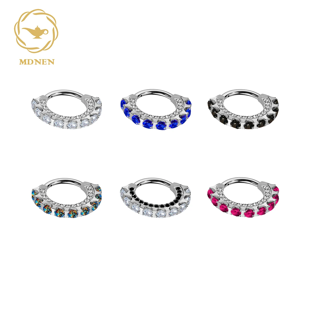 

MDNEN ASTM F136 Titanium Nose Ring Earrings CZ Pave Face with Embedded CZ Hinged Clicker Segment Hoop Piercing Jewelry