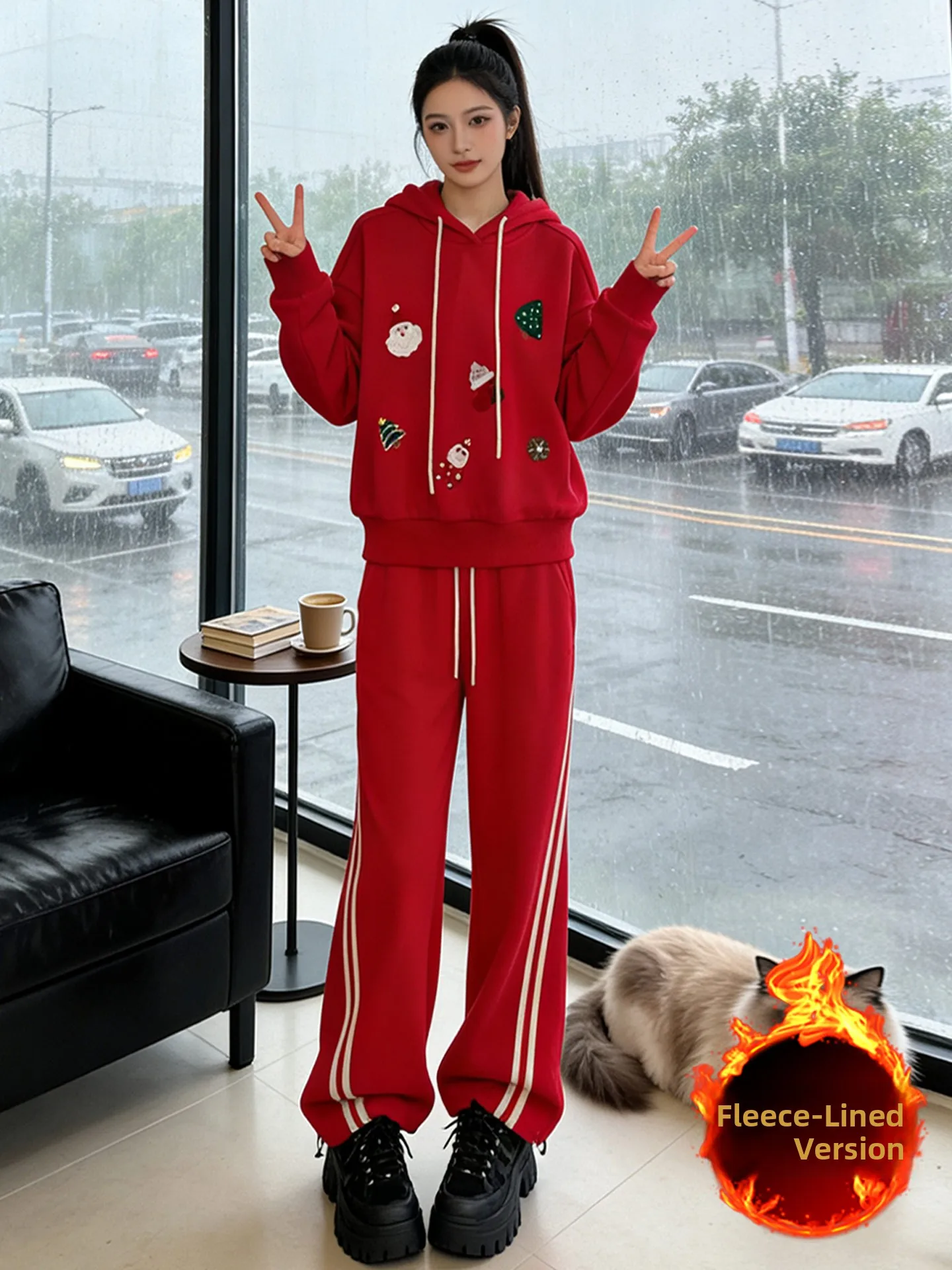 

Red Fleece Lined Hoodie And Wide Leg Pants Women's Christmas Style Sporty Casual Outfit Two Piece Set High Waist Comfortable Fit