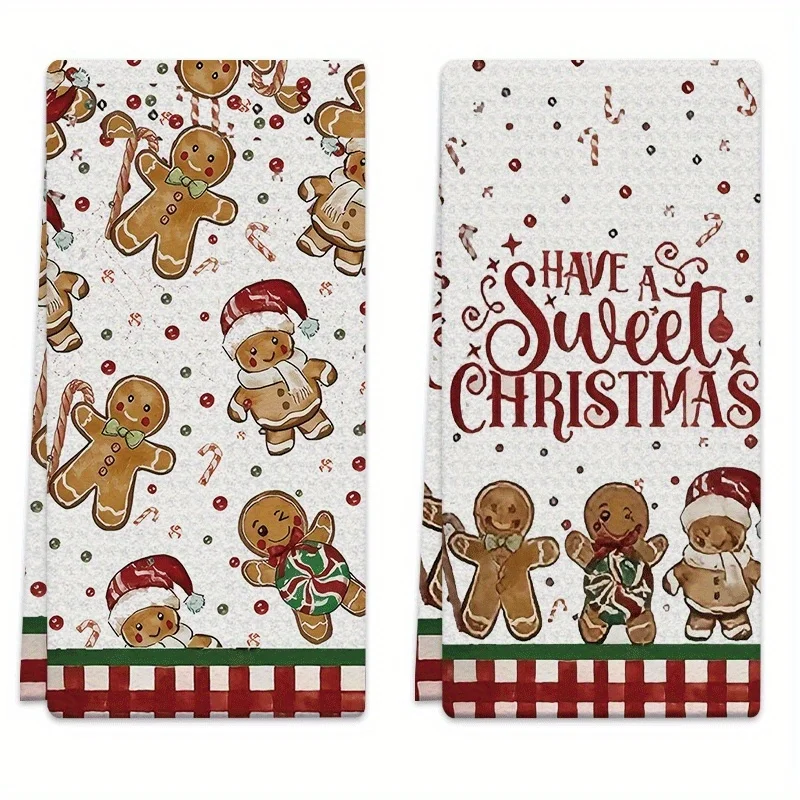 Pack of 2, Gingerbread Man Pattern Christmas Candy Cane Microfiber Absorbent Kitchen Towel