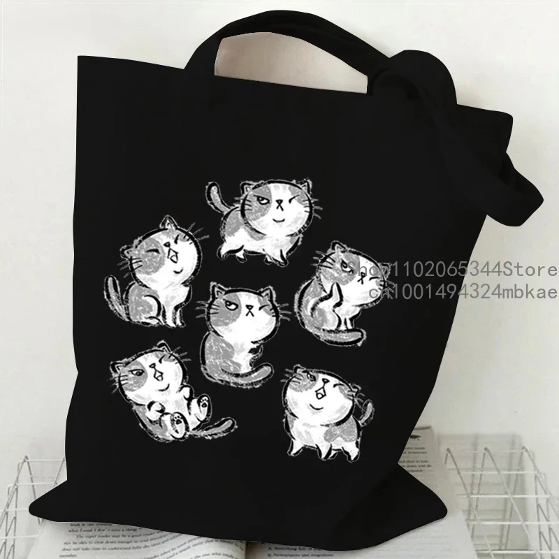 Women Canvas Handbags Funny Cats Print Female Reuseable Shopping Bag Student Cartoon Cute Kitten Tote Bags Woman Shoulder Bag