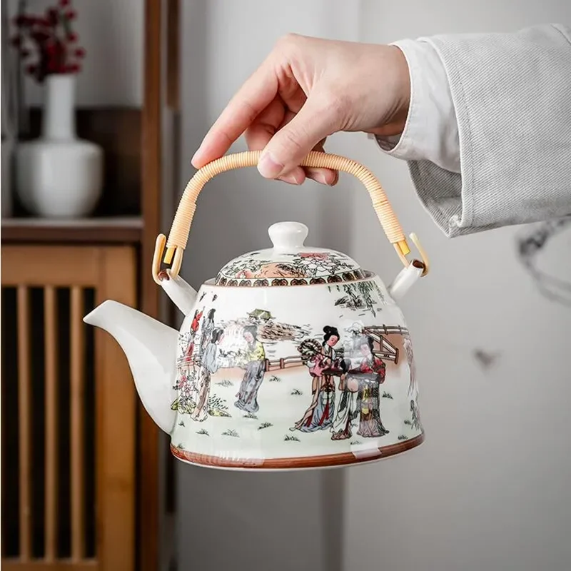 

Бытовой фарфоровый чайник, керамический горшок большой емкости, синий и белый ретро-петля с ручкой, луч