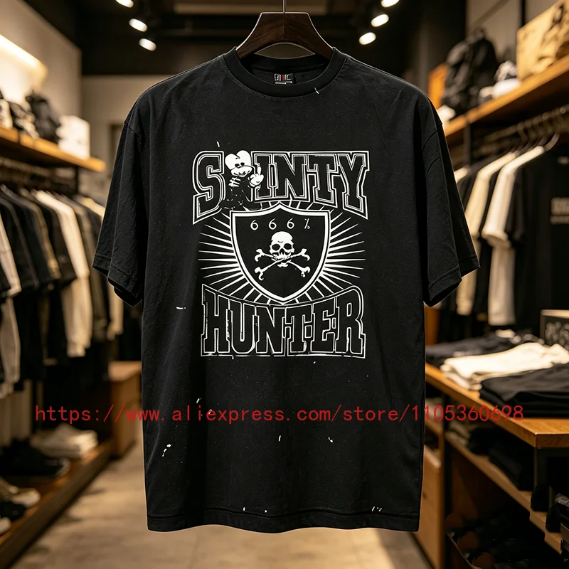 Hot New SAINT Men's T-Shirt Retro Radiant Line Skull Crossbone Shield Black Oversized Casual Tee Top