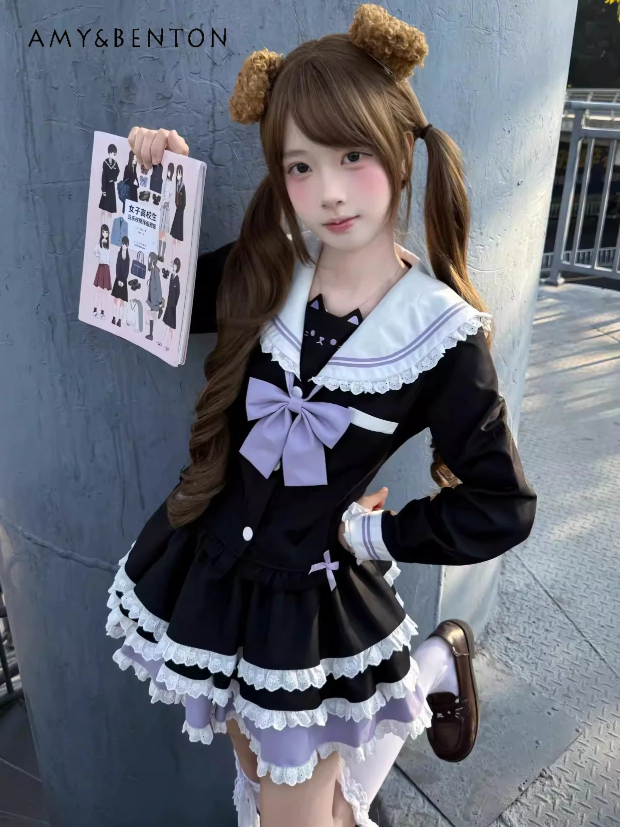 

Японский милый комплект из двух предметов: рубашка с длинными рукавами и воротником-куклой, многослойная пышная юбка, в стиле колледж, кавайная униформа JK