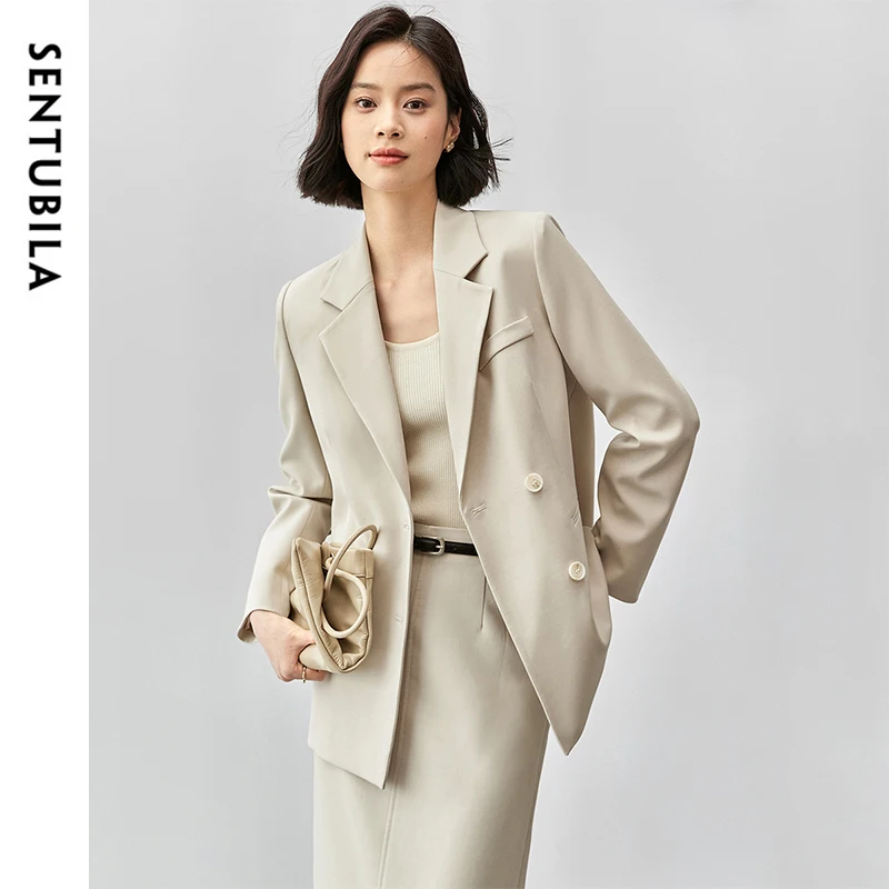 

SENTUBILA Women Wool Blend Blazers 2024 Autumn Winter Outerwear Lady Commute Notched Neck Work Business Tailoring Coat 143X55829