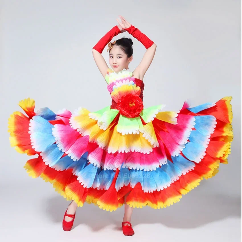 Gypsy Girls Spanish Bullfight Flamenco Skirts Belly Dance Dresses For Kids Girls Long Robe Flamenco Peony Petal Dress Costumes