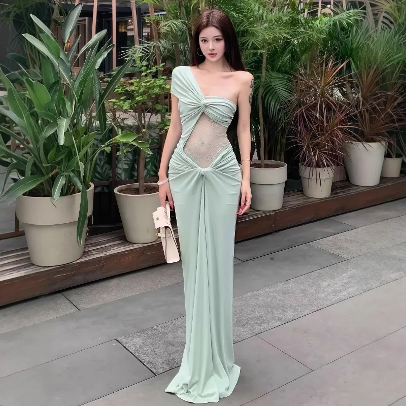 Cross-border Summer New European , American Style Women's Solid Color Hollow-out Lace Patterned Asymmetrical Pleated Long Dress