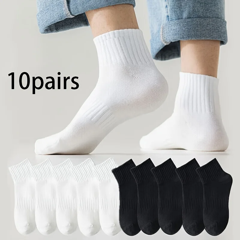 Men's White Mid Calf Sports Socks 5 Pairs Breathable Anti Odor Cotton Crew Socks Casual Running Gym Athletic Daily Wear