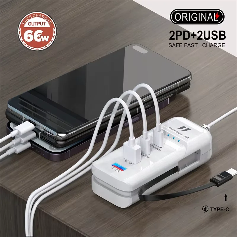4 منافذ شاحن USB متعدد المنافذ PD نوع C شحن سريع الاتحاد الأوروبي الولايات المتحدة التوصيل الجدار شاحن USB مهايئ توزيع USB شاحن الهاتف المحمول السريع