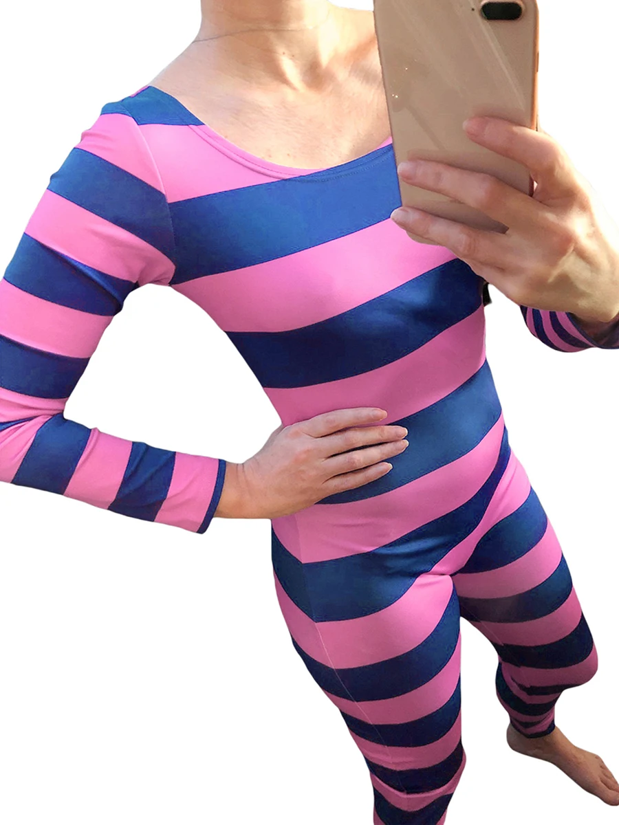 Women s Cheshire Cat Halloween Costume Pink Purple Striped Long Sleeve Jumpsuit Cosplay Outfit