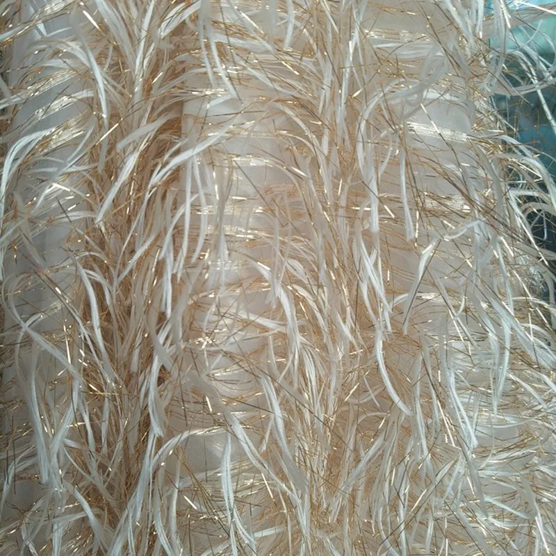 140Cm wide Gold Regular Fringe Feather Tulle Fabric Sequin Mesh for Stage Performance Costumes DIY Designer Sewing Material F090