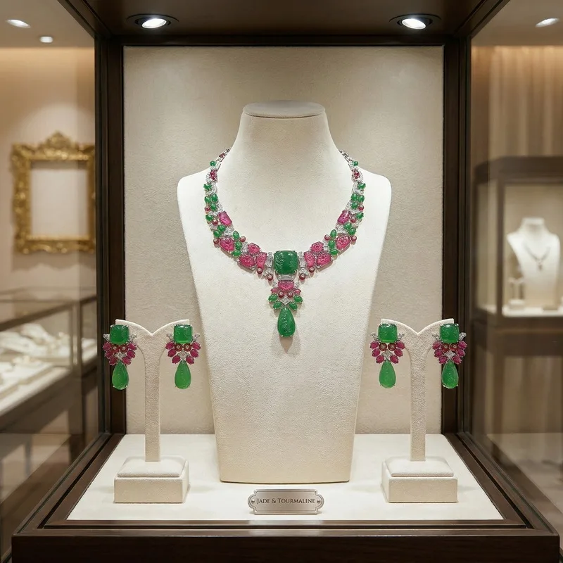 

Комплект ювелирных украшений в европейско-американском стиле: колье и серьги для женщин, инкрустированные кубическим цирконием и синтетическими красными/зелеными камнями, элитный набор для вечеринок