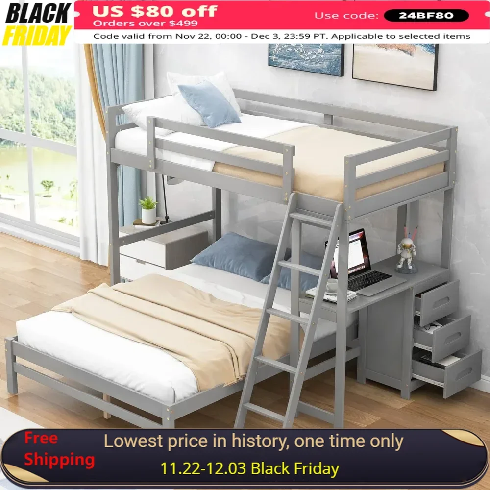 Bunk Bed, with Built-in Desk,Three Drawers and Angled Ladder ,for Family, Teens, No Box Spring Needed,Solid Wood Bunk Beds