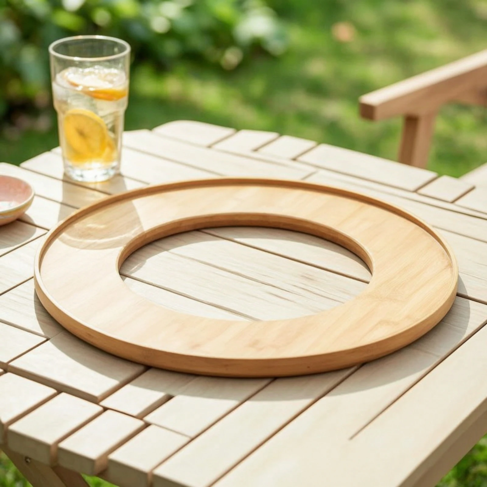 Circular Tray with Center Opening Natural Bamboo Serving Tray Wooden Platter Multifunctional Board Slimline for Restaurants
