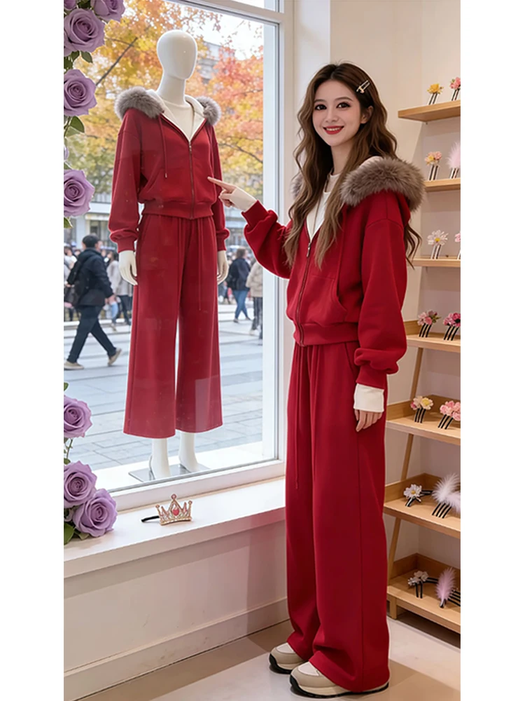 

Комплект из двух предметов: утепленная флисовая куртка с капюшоном и широкие брюки для женщин, повседневный спортивный стиль, осень-зима, новинка