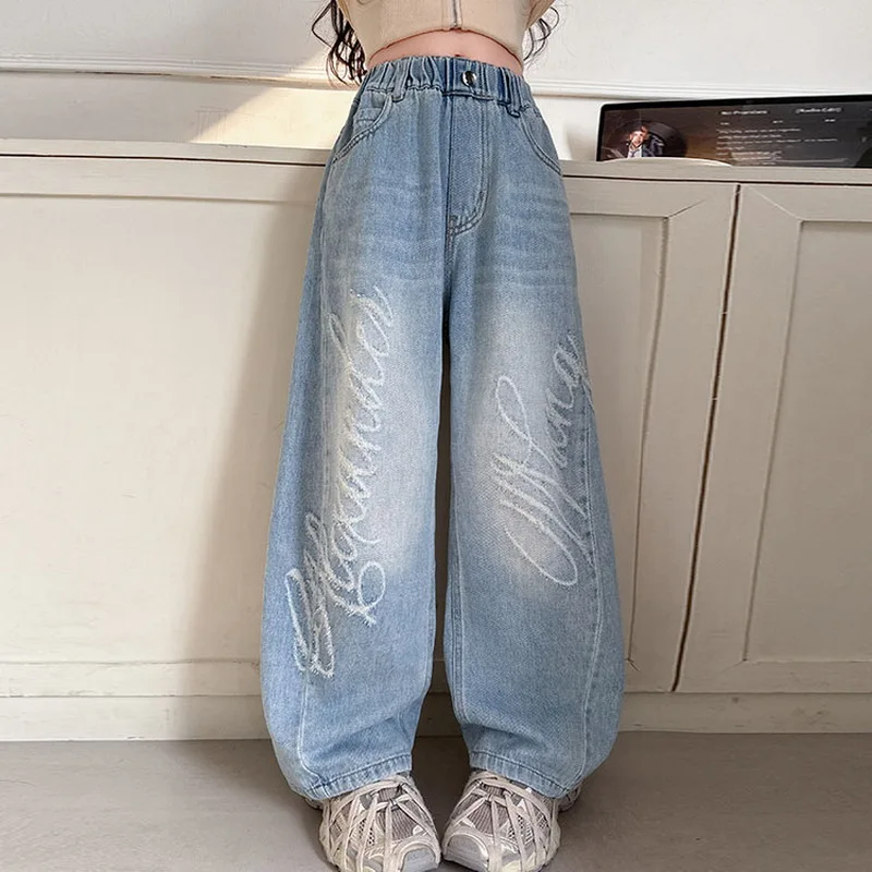 Children Fashion Street Hip Hop Letter Scratch Jeans Trousers For Girls Spring Casual Wide Leg Ripped Denim Pants For Kids 5-14Y