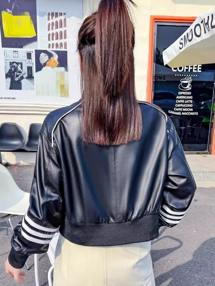 New Women Genuine Leather Bomber Jacket Stand Collar Cargo Short