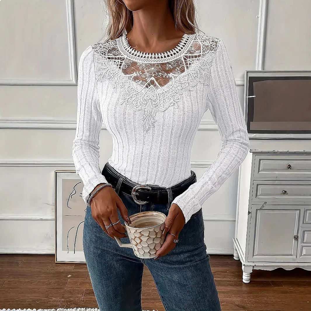 Women's V Neck Lace Blouse Tops Long Sleeve Tee Shirts Spring Summer Fashion Casual Tunic