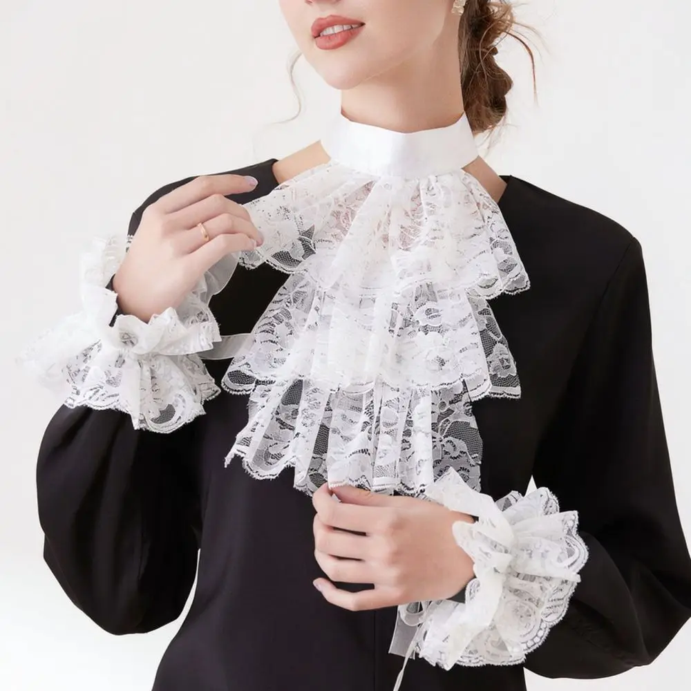 Women Retro Double Layer Lace Collar Adjustable Ribbon Tie Decorative Neckpiece For Shirt Sweater Dress Accessory