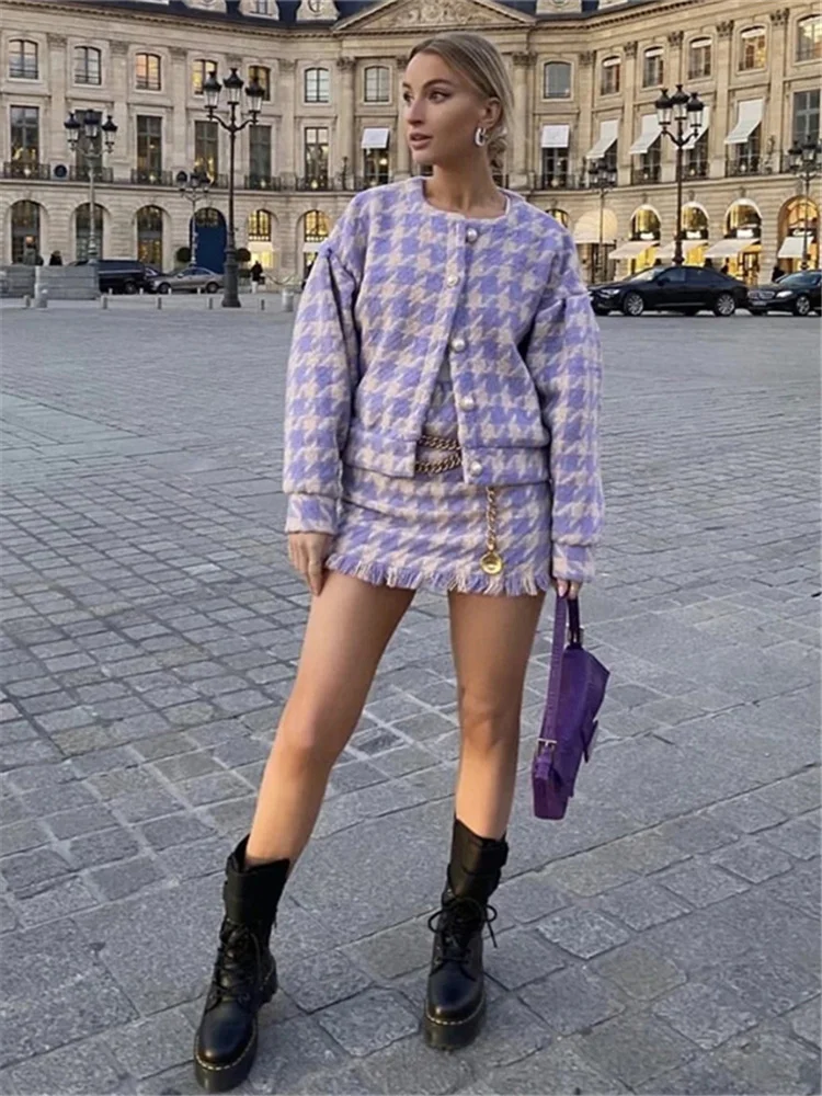 

Woman Sweet Purple Loose Houndstooth Coat Suits 2021 Autumn Female High Waisted Plaid Skirt Suit Ladies Skirts Matching Sets