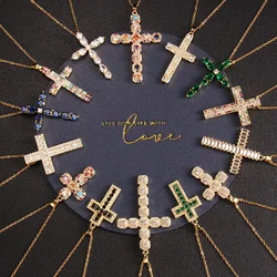 Luxury Shiny Colorful Zircon Cross Necklace for Women Men Stainless Steel Chain Trendy Jewelry Accessories Gifts for Friends