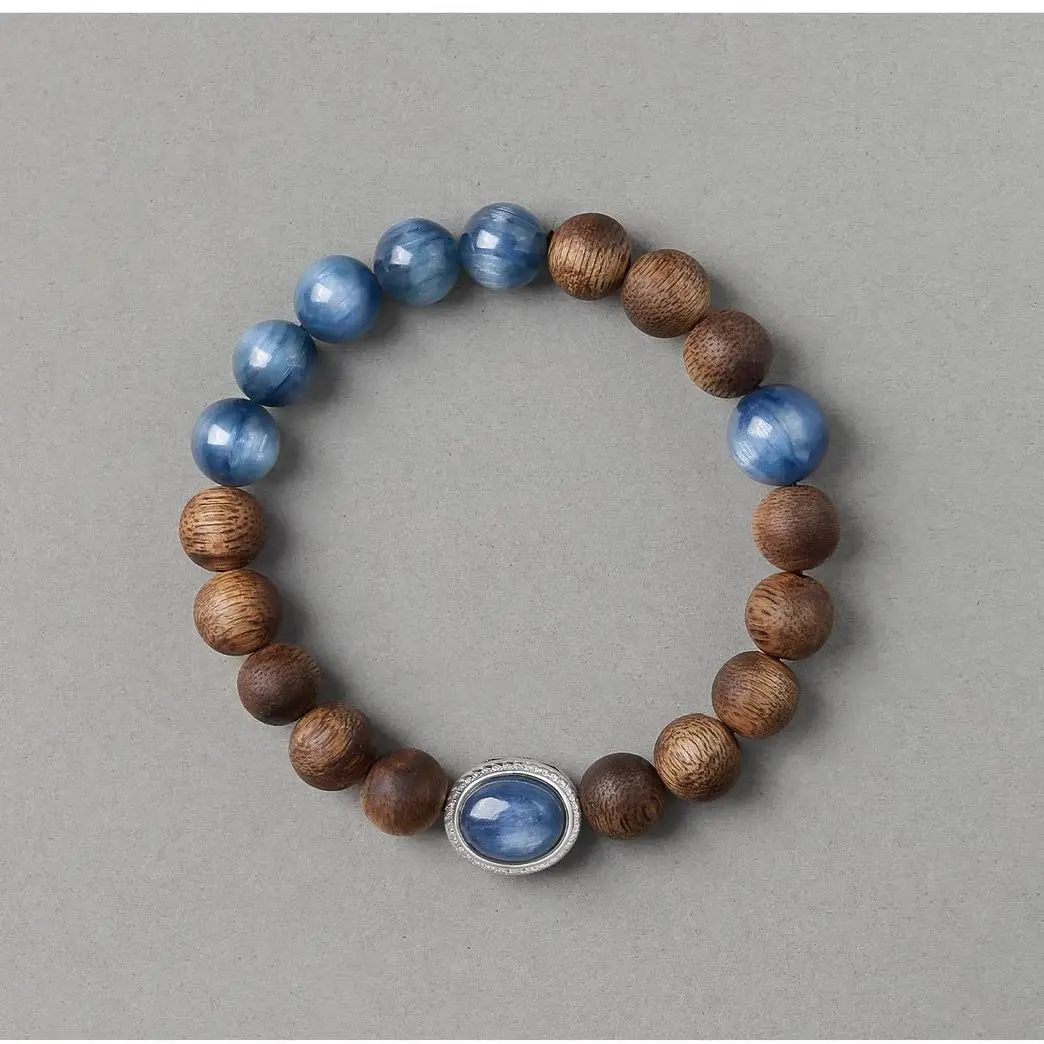 Natural Kyanite with Sandalwood Round Beads Bracelet Women's Five Elements Crystal Stone Wooden Hand String Lucky Amulet Jewelry