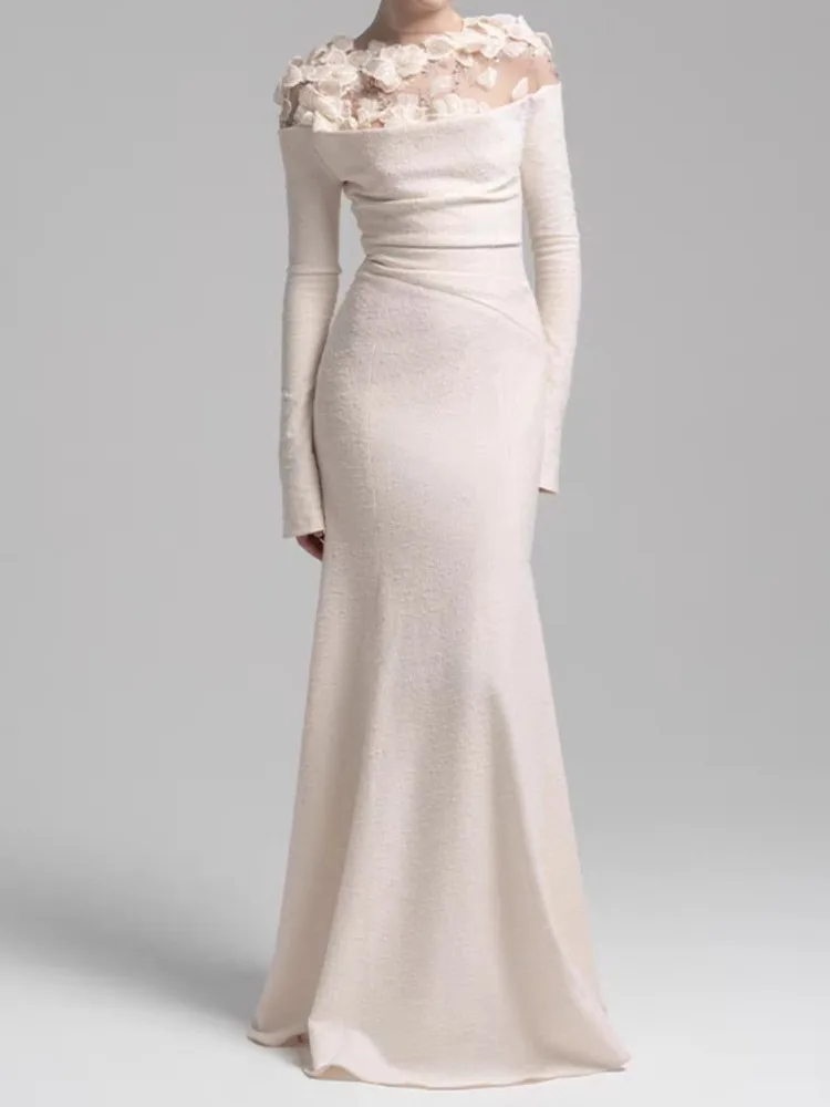 DFDG Vestido largo con textura y apliques florales de diseñador para mujer, elegante vestido de fiesta de Boutique con cintura adelgazante para noche, primavera y otoño, 2025