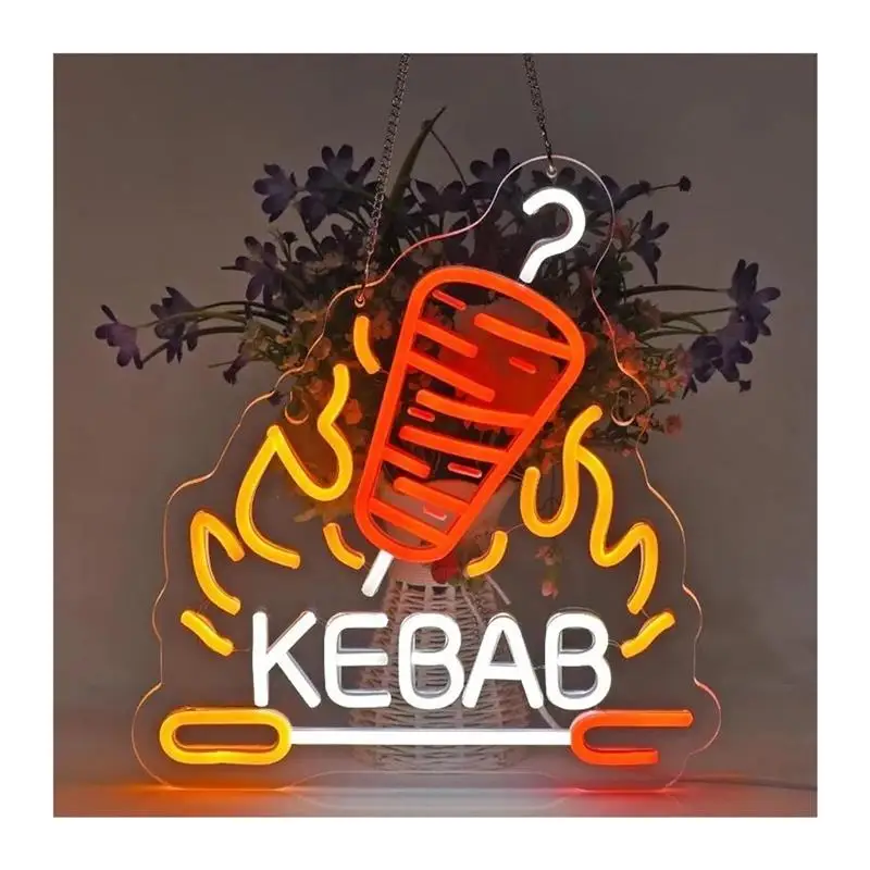 Kebab Neon Wall Art Decor For Doner Kebab Kababab Mediterranean Restaurant Or Middle Eastern Food Store, USB Powered Dimmable