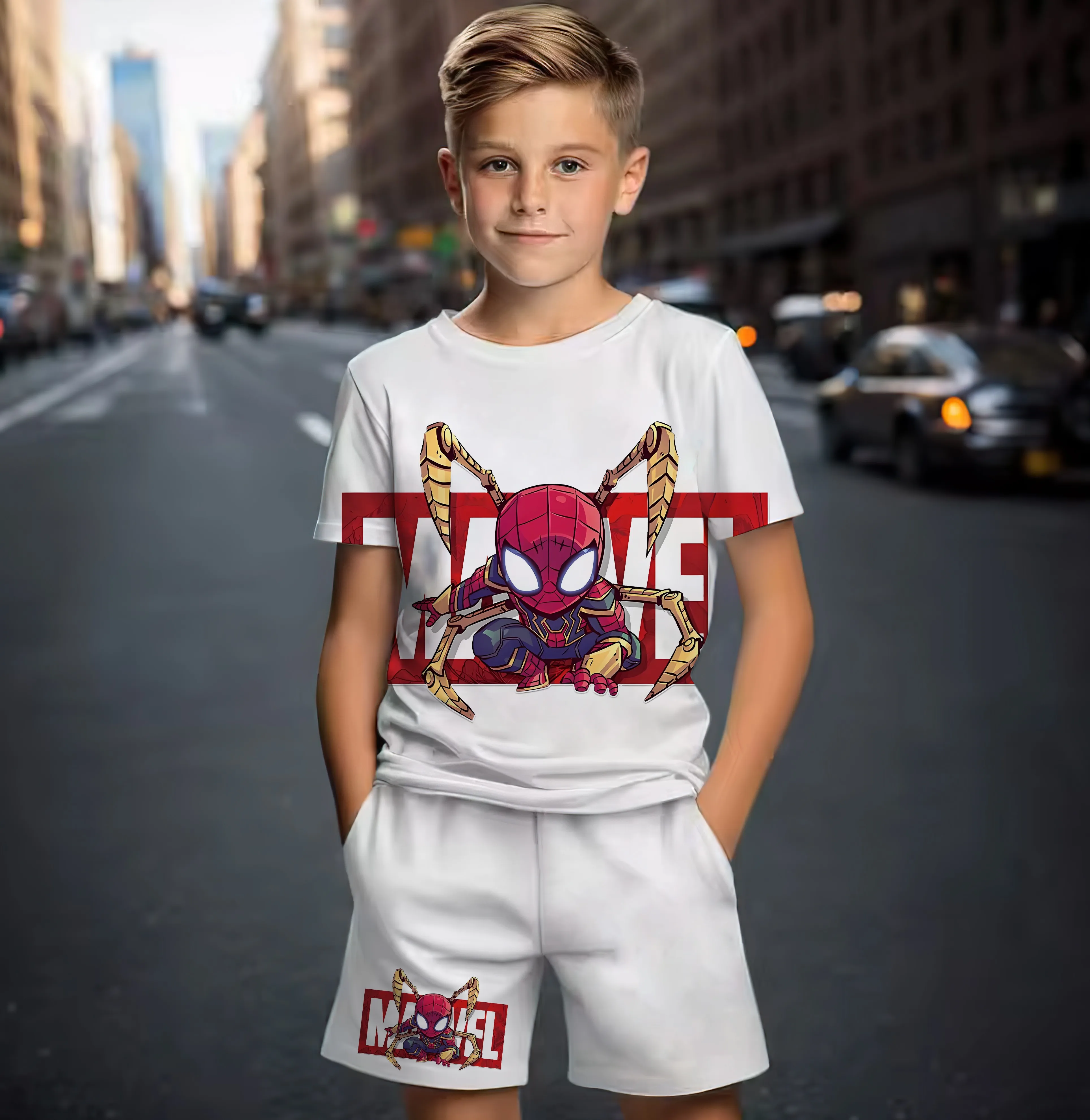 

Cartoon print children's boy set 3D street wear fashion trend sportswear short sleeved shorts daily casual new summer
