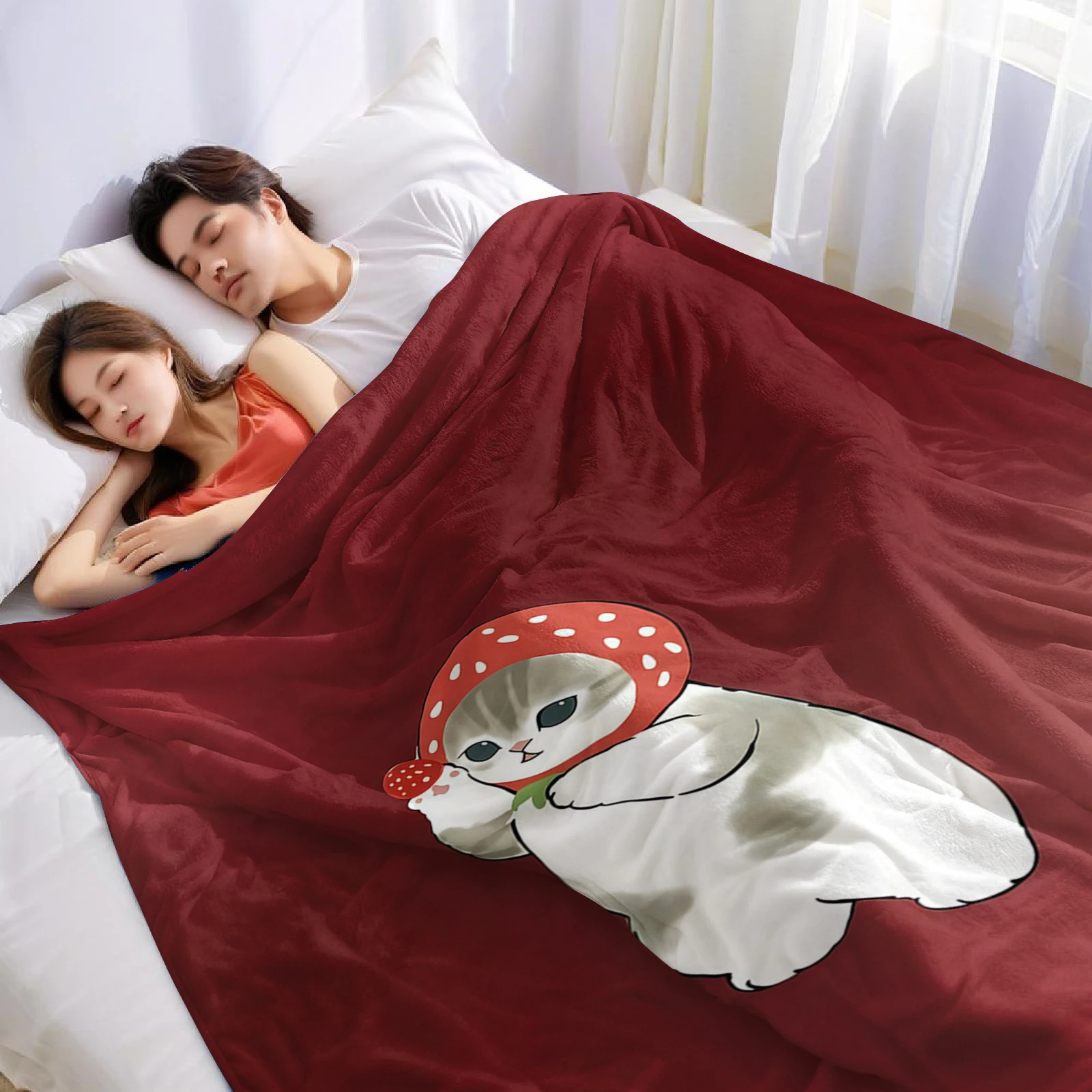 Strawberry Cat Cartoon Anime Print Flannel Blanket Soft Warm Throw for Kids Bedroom Sofa Bed Christmas Office Car