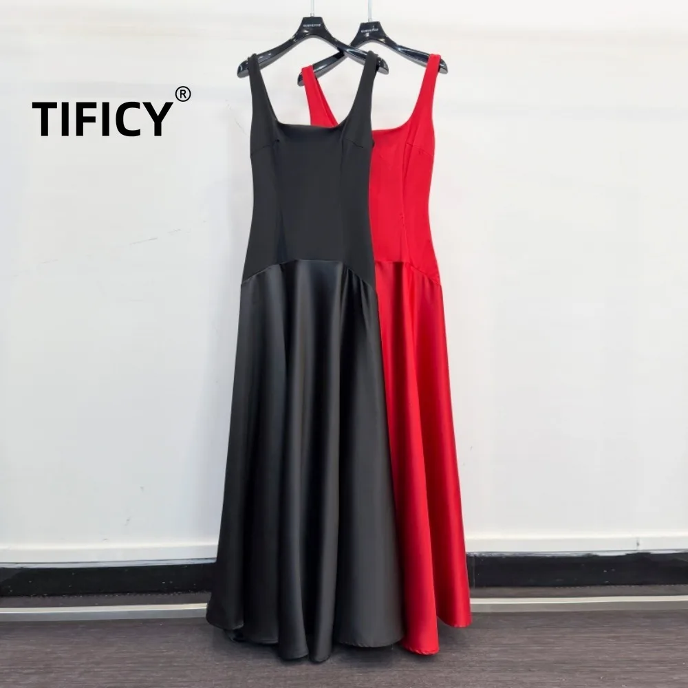 

High Street Dresses Women's New Square Collar Waist Cinching Slimming Black Red Temperament Big Swing Long Dresses