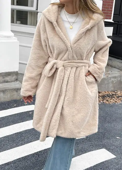 

Winter Elegant Hooded Long Sleeved Coat, Women's Solid Color Fashionable Casual Loose Single Breasted Warm Long Lambhair Coat