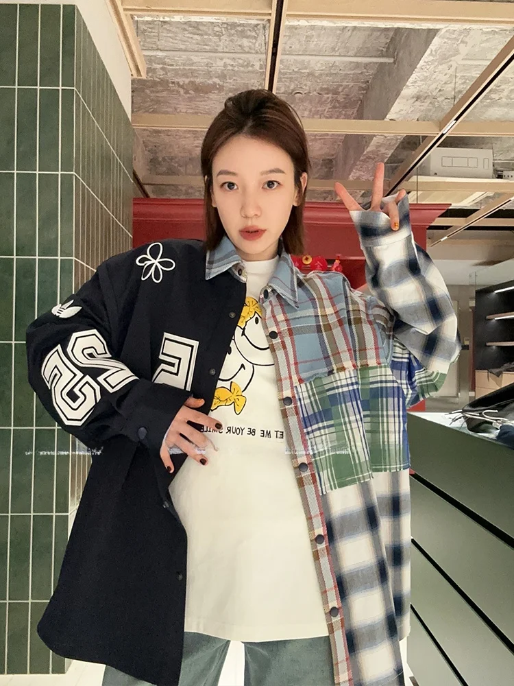 

Потрясающее женское пальто в клетку с пэчворком и длинными рукавами, весеннее, из хлопка, премиум-класса, модное, с яркими вставками