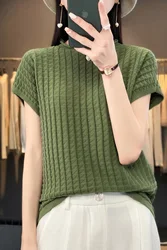 100% Cotton Woman's Tees Summer Thin T-Shirt Jumper Sweater Female Pullover Sleeveless Half Turtleneck Knitted Tops Blouse Shirt