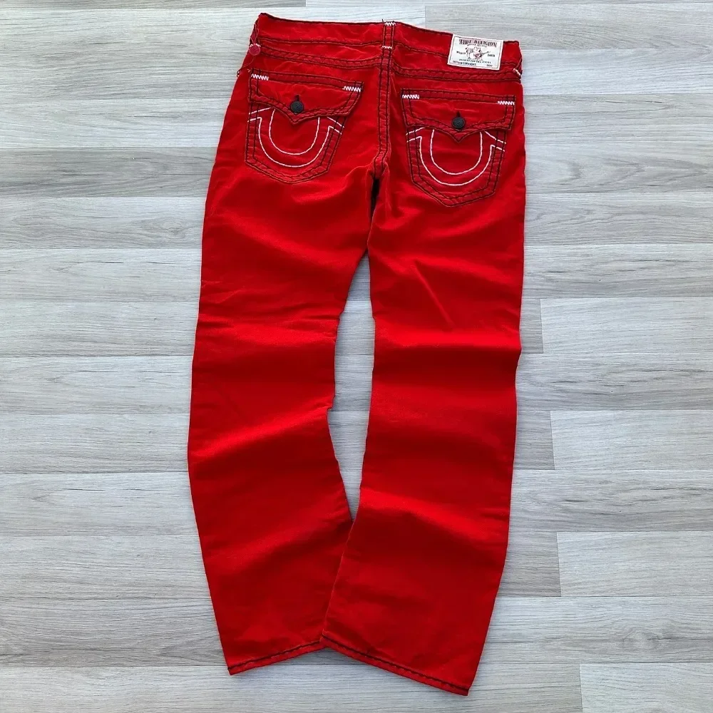 Vermelho verdadeira fé bordado jeans vintage rua hip hop gótico solto casual denim calças casais calças largas y2k roupas