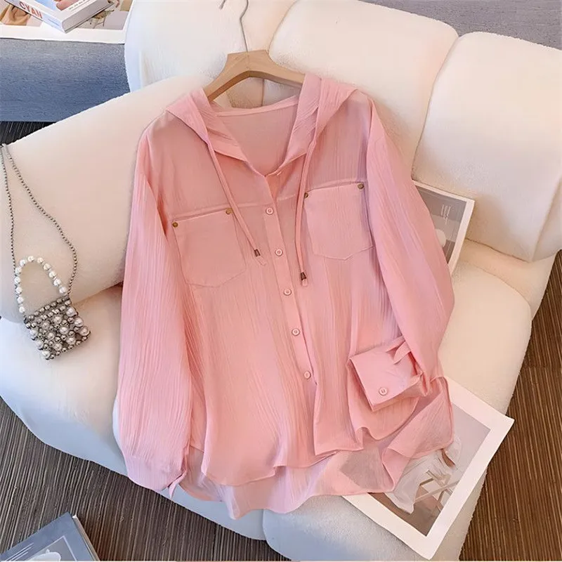 

Thin Hooded Chiffon Shirt Sunscreen Jacket Women's Summer 2024New Outwear Loose Cardigan Sun Protection Clothing Coat Female Top