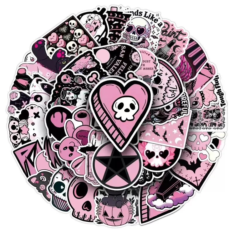 50pcs Gothic Horror Pink Black Skull Graffiti Stickers Laptop Notebook Fridge Suitcase Waterproof Cool Scrapbook Sticker