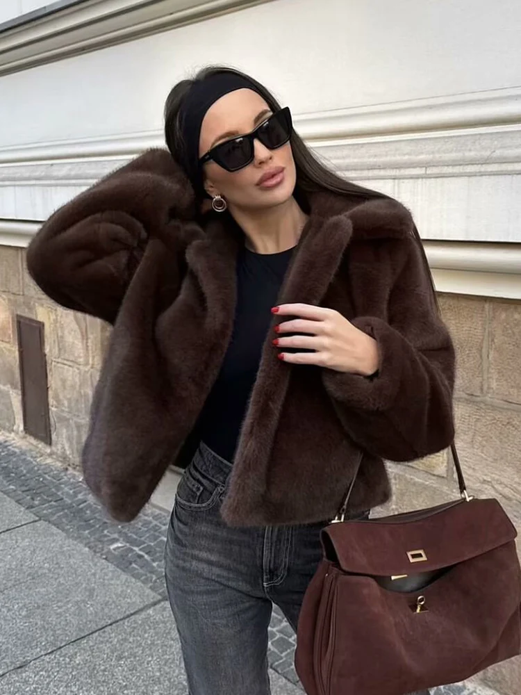 

Women's Solid Faux Fur Lapel Coat Light Luxury Fashion Cropped Fluffy Fur Jacket Coat Winter High Street Thicken Outerwear