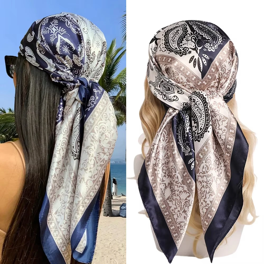 90*90CM Classic Paisley Print Square Scarf Soft Satin Bandana Vintage Windproof Head Wrap Casual Shawl Travel Beach Towel