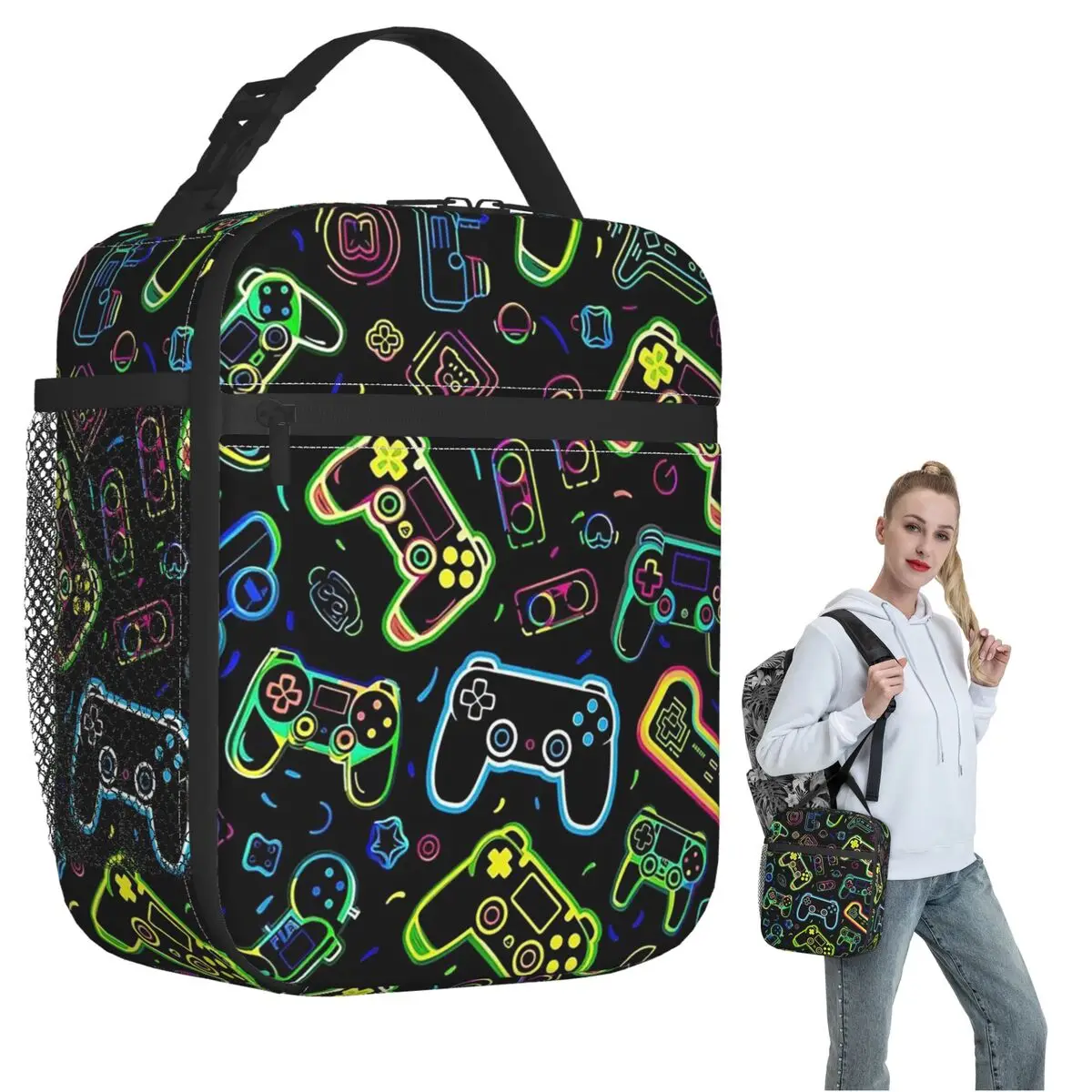 Video Game Controller Pattern Insulated Lunch Bag for Women Children Leakproof Food Boxes Thermal Lunch Box Tote