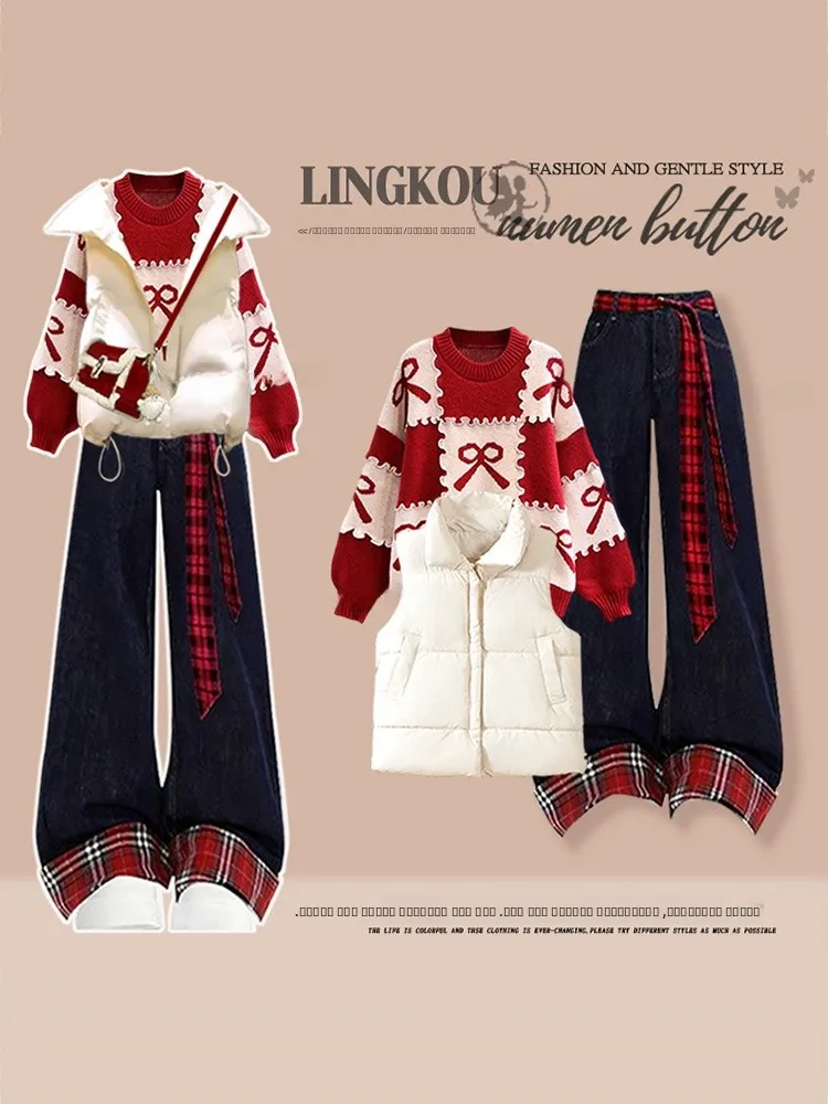 

Christmas Theme plus Size Winter Fashion Set Women's Anti-Aging High-End Feeling Red Knitted Sweater Vintage Denim Jeans Thre...