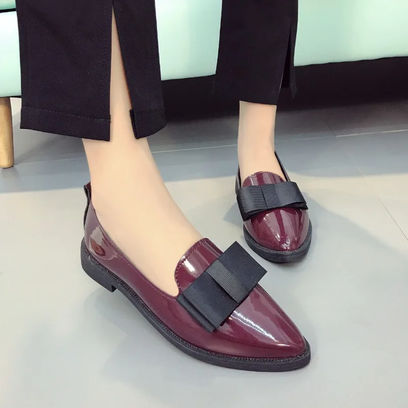 Patent Leather Bow Single Shoes Autumn New Pointed Toe Mid Buckle Soft Sole Non-Slip Low Heel Shoes