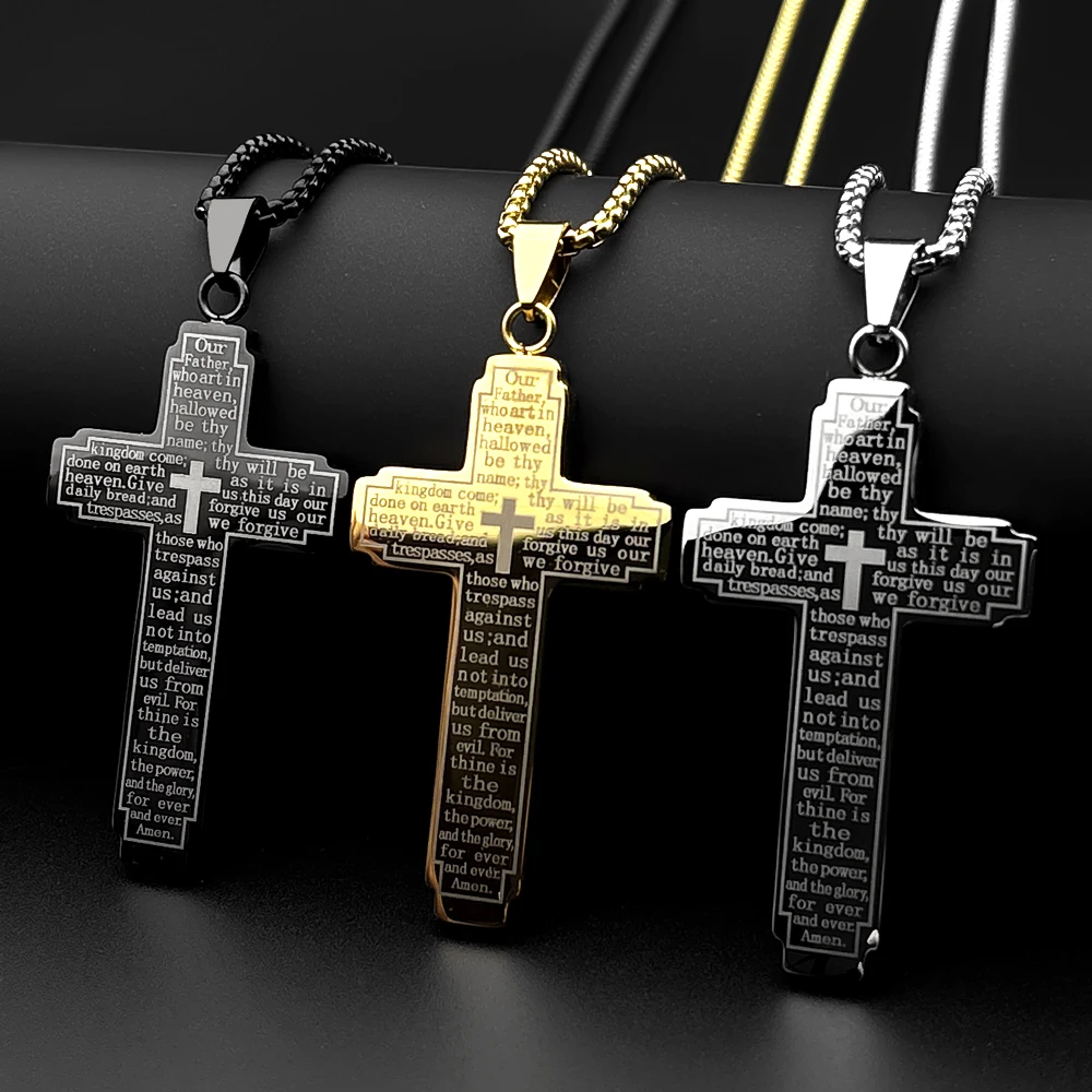 Christian Bible Cross Chain Necklace Stainless Steel Big Pendant Necklace Men's Religious Prayer Jewelry Corrente Masculina