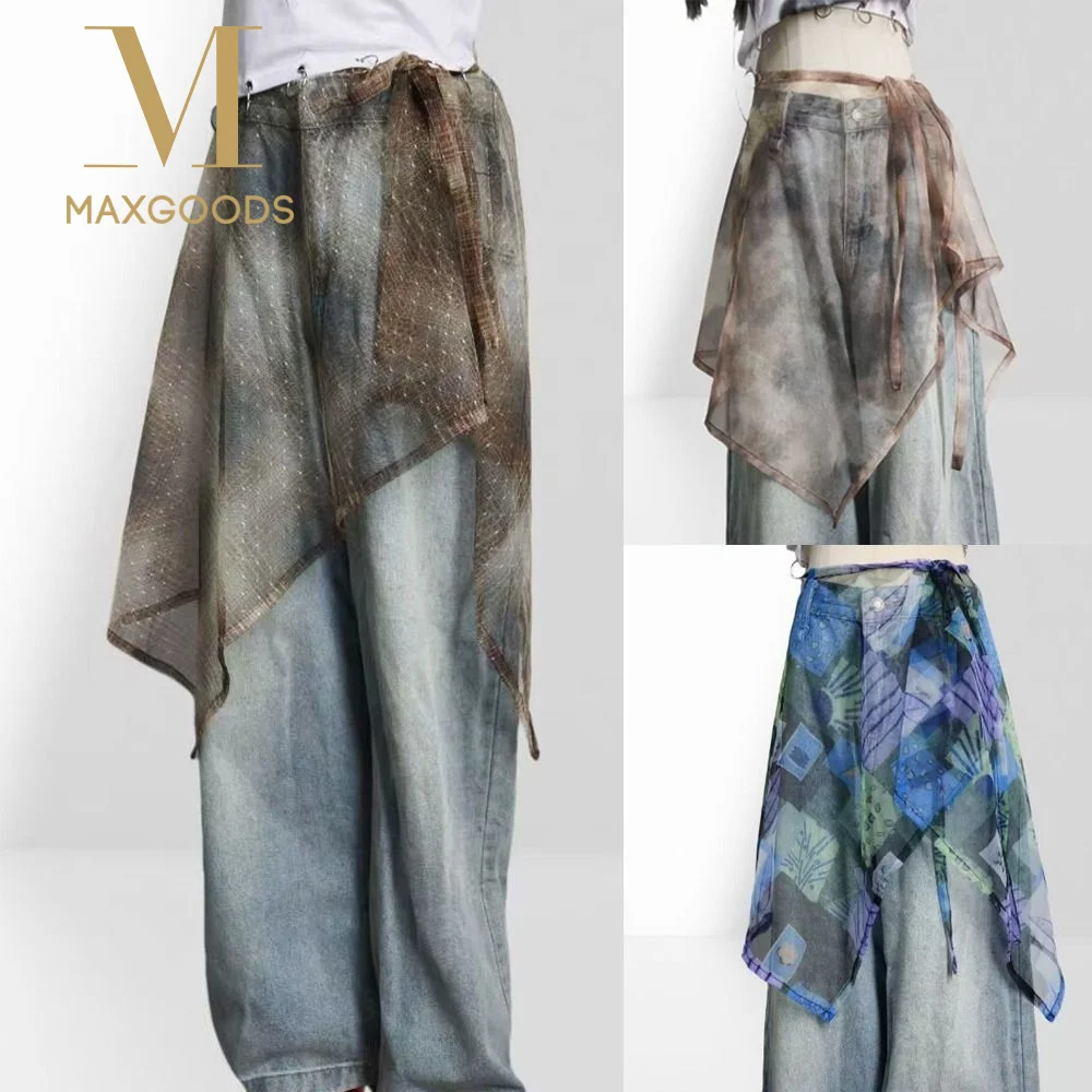 

Юбка миди с высокой талией, кружевная, прозрачная, с боковым разрезом, на шнуровке, дышащая, в стиле Y2K, уличная мода, длинная кружевная юбка, пояс-платок